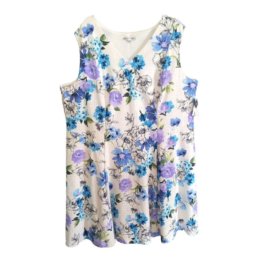 Sandra Darren Blue/White Floral Sleeveless Princess Seam Dress Size 24 NEW